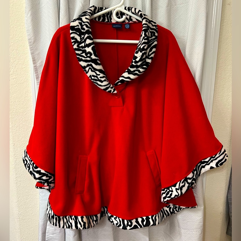 Westbound Red Ladies poncho size XL with black/white animal print trim